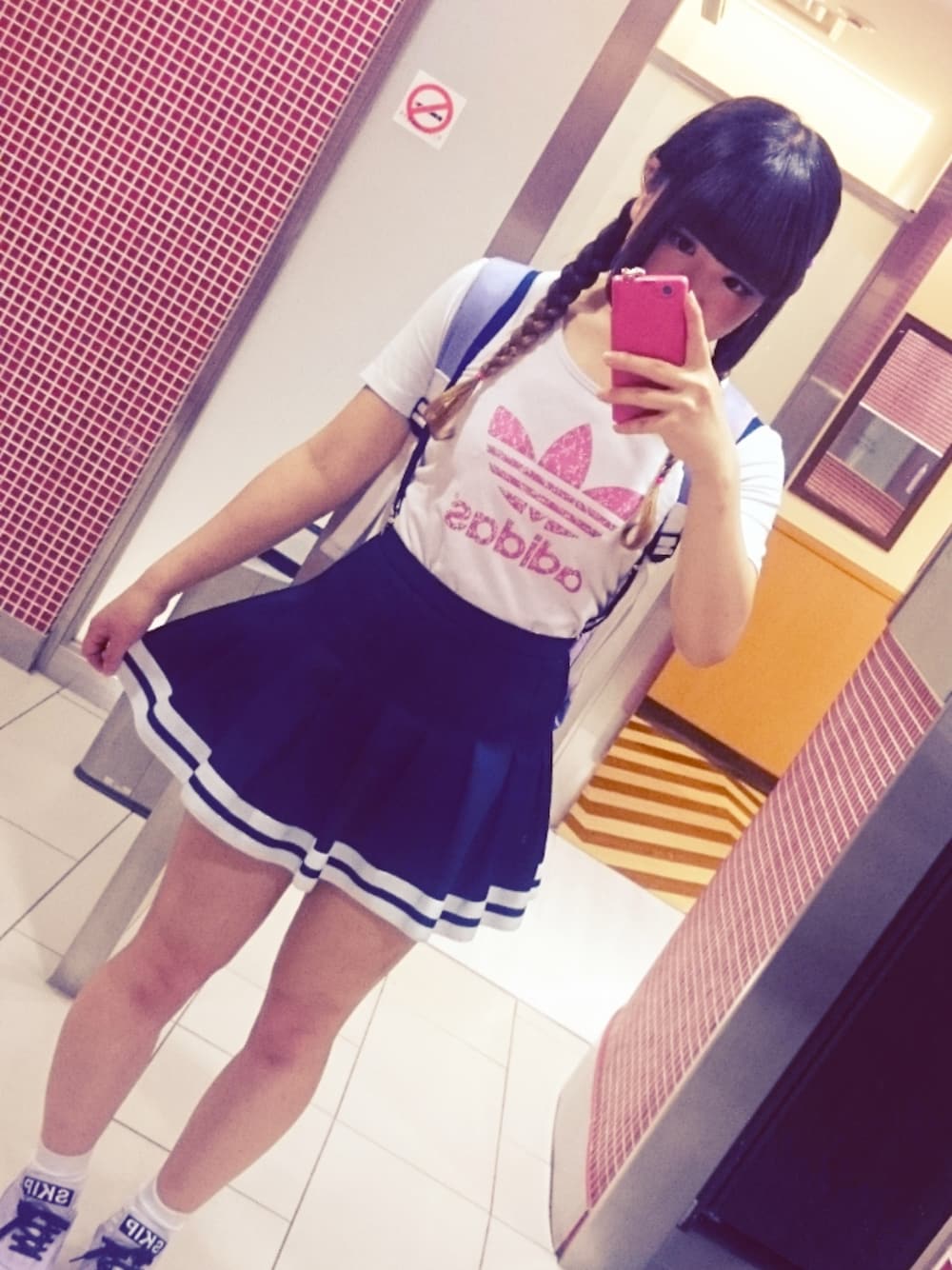 「スポーツmix、adidas originals、みつあみ」｜「WEGOのWEGO/ロゴスニーカー（スニーカー、パープル系）」を使った、なっぴさん（レディース・155cm）の夏コーディネートの1枚目の写真
