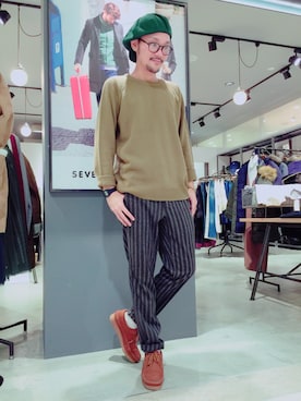 「SEVENDAYS=SUNDAY（セブンデイズサンデイ）のウール混ストライプ　スラックスパンツ（その他パンツ、ブラウン系）」を使った、_oooooga.さん（メンズ・175cm）の秋コーディネート