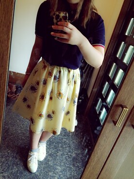 「archives（アルシーヴ）のピケ膝丈スカート（スカート、イエロー系）」を使った、yur.i ⊿⊿さん（レディース・169cm）の夏コーディネート