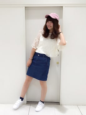 「デニムタイトスカート」｜ま つ ゆ か ◡̈*さん（レディース・166cm）の夏コーディネート