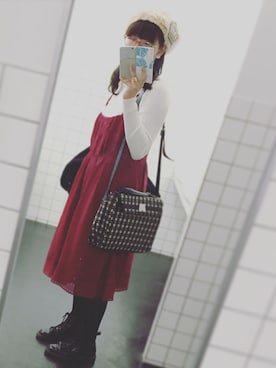 「アイテム（チュニック、レッド系）」を使った、みぃさん（レディース・167cm）の冬コーディネート