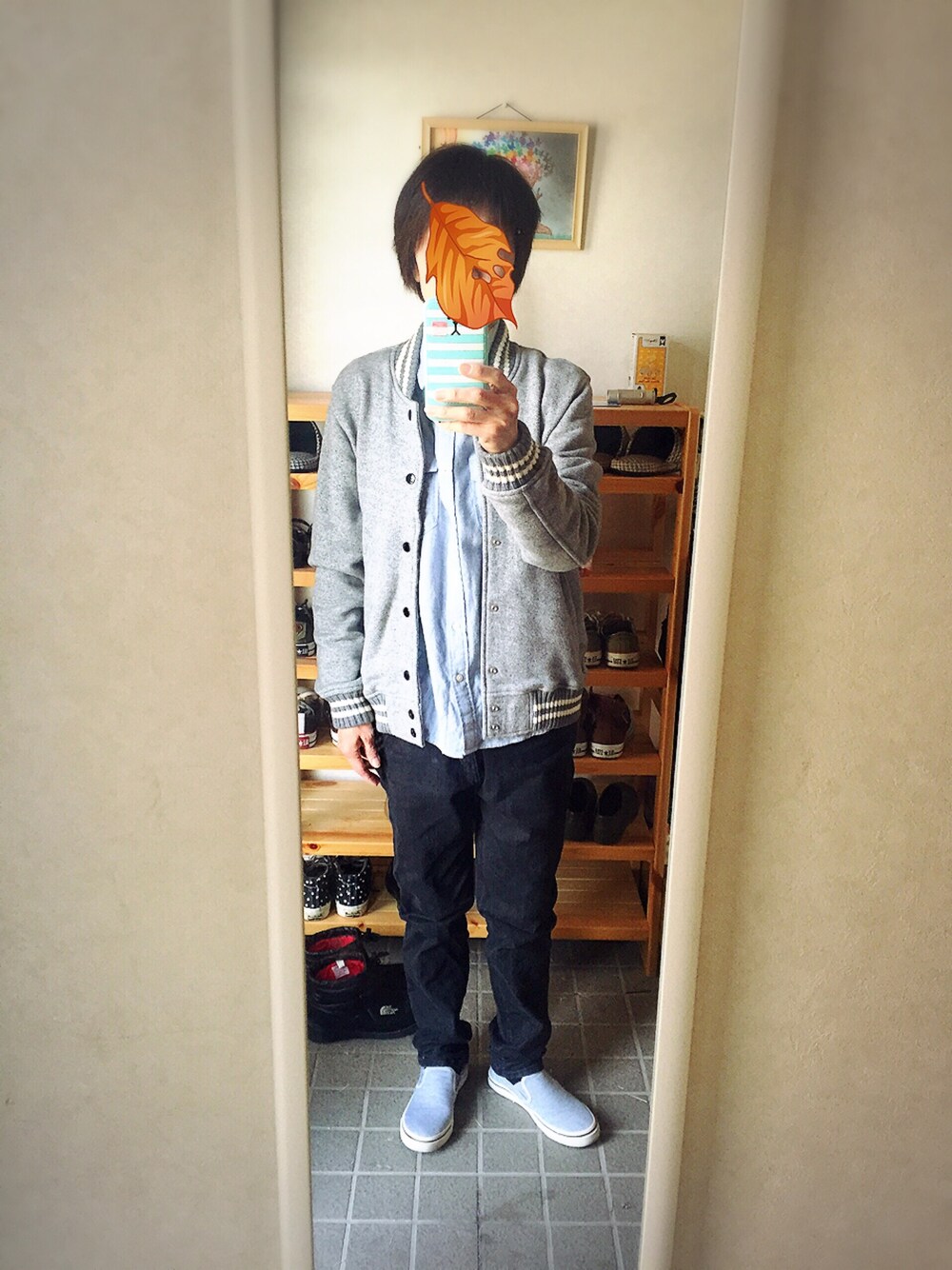 「SHIPS GENERAL SUPPLYのHealthknit ×　SHIPS GENERAL SUPPLY: バーシティ ジャケット<スタジャン>■（スタジャン、グレー系）」を使った、びーちゃんさん（レディース・156cm）の春コーディネートの1枚目の写真