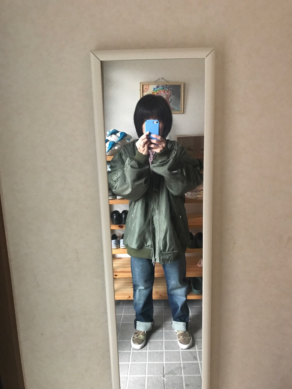 「PUNYUSのスーパービッグMA-1（MA-1、グリーン系）」を使った、びーちゃんさん（レディース・156cm）の冬コーディネートの1枚目の写真
