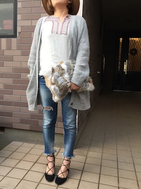 「Ungrid（アングリッド）のフレイドヘムストスリ（デニムパンツ）」を使った、BERAさん（レディース・158cm）の秋コーディネート
