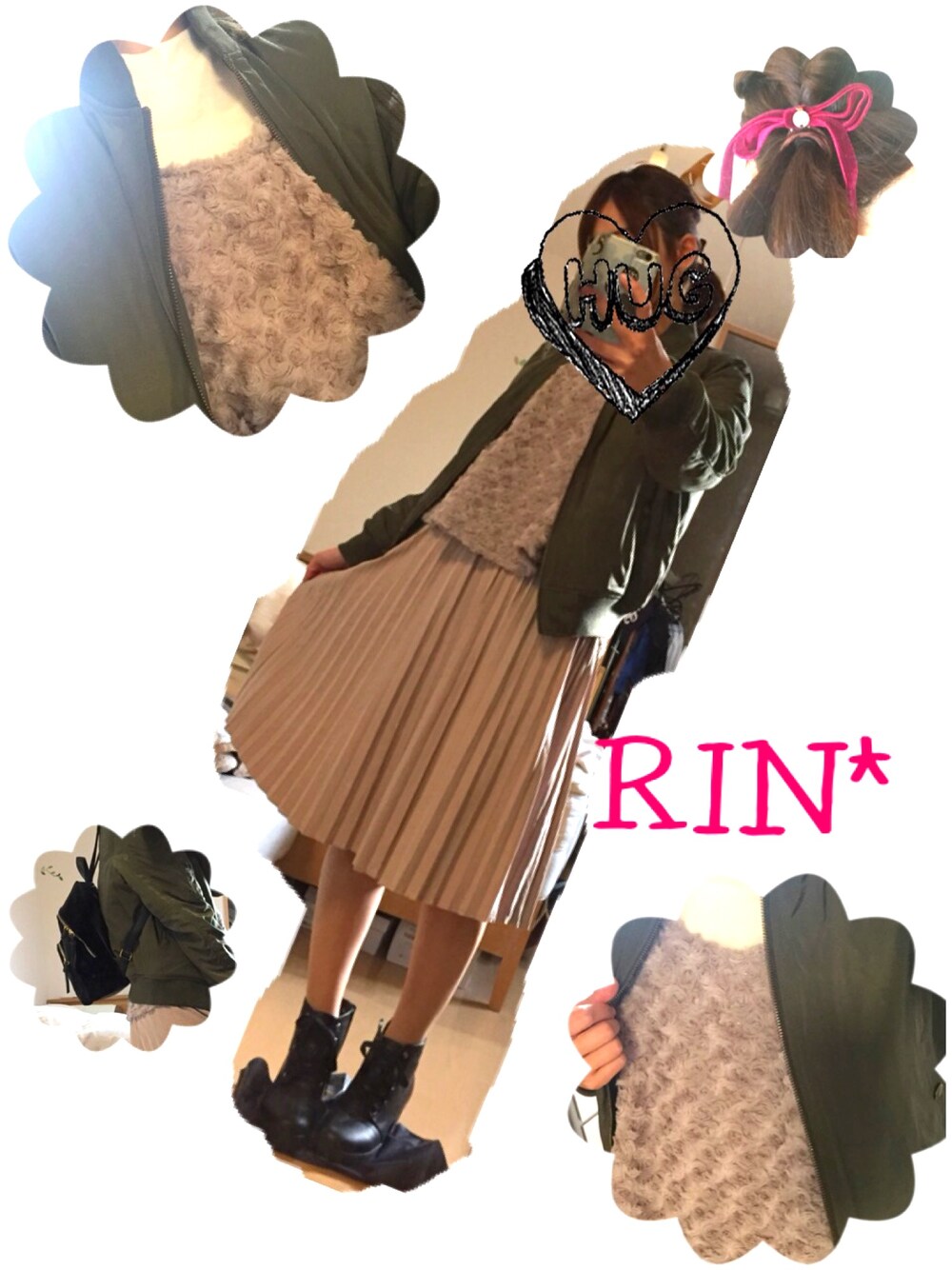 ピンク系のスカート、ピンク系のTシャツ/カットソー、グリーン系のブルゾンを着用したレディースの秋コーディネートの1枚目の写真