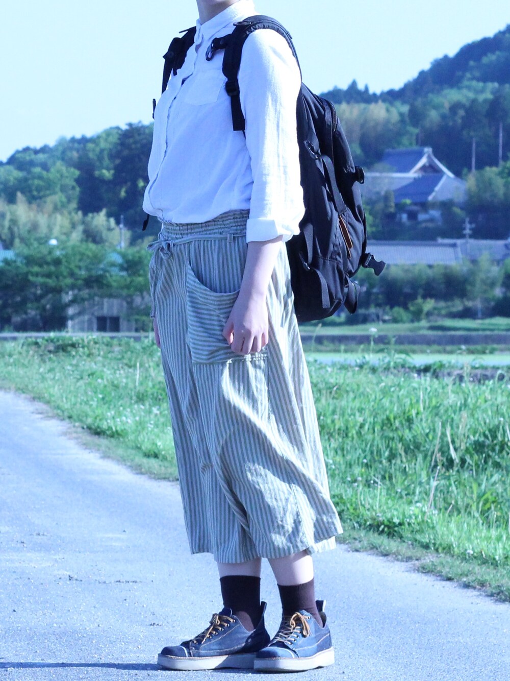 「Gregory、studio clip、靴下屋、white」｜「GREGORYのアイテム（バックパック/リュック、ブラック系）」を使った、shioriさん（レディース・165cm）の春コーディネートの1枚目の写真