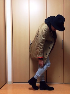 「ブーツイン」｜「アイテム（ステンカラーコート）」を使った、87kenさん（メンズ・173cm）の冬コーディネート