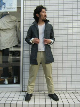 「Denime（ドゥニーム）のアイテム（ステンカラーコート）」を使った、中井　皓次さん（メンズ・166cm）の春コーディネート