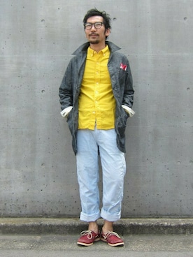 「Denime（ドゥニーム）のアイテム（ステンカラーコート）」を使った、中井　皓次さん（メンズ・166cm）の夏コーディネート