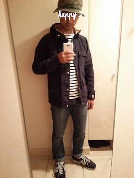 「アイテム（マウンテンパーカー、ブルー系）」を使った、ycoptimistさん（メンズ・172cm）の秋コーディネート