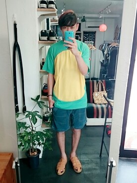 「MANEBU（マネブ）のアイテム（サンダル）」を使った、yusuke さん（メンズ・170cm）の夏コーディネート
