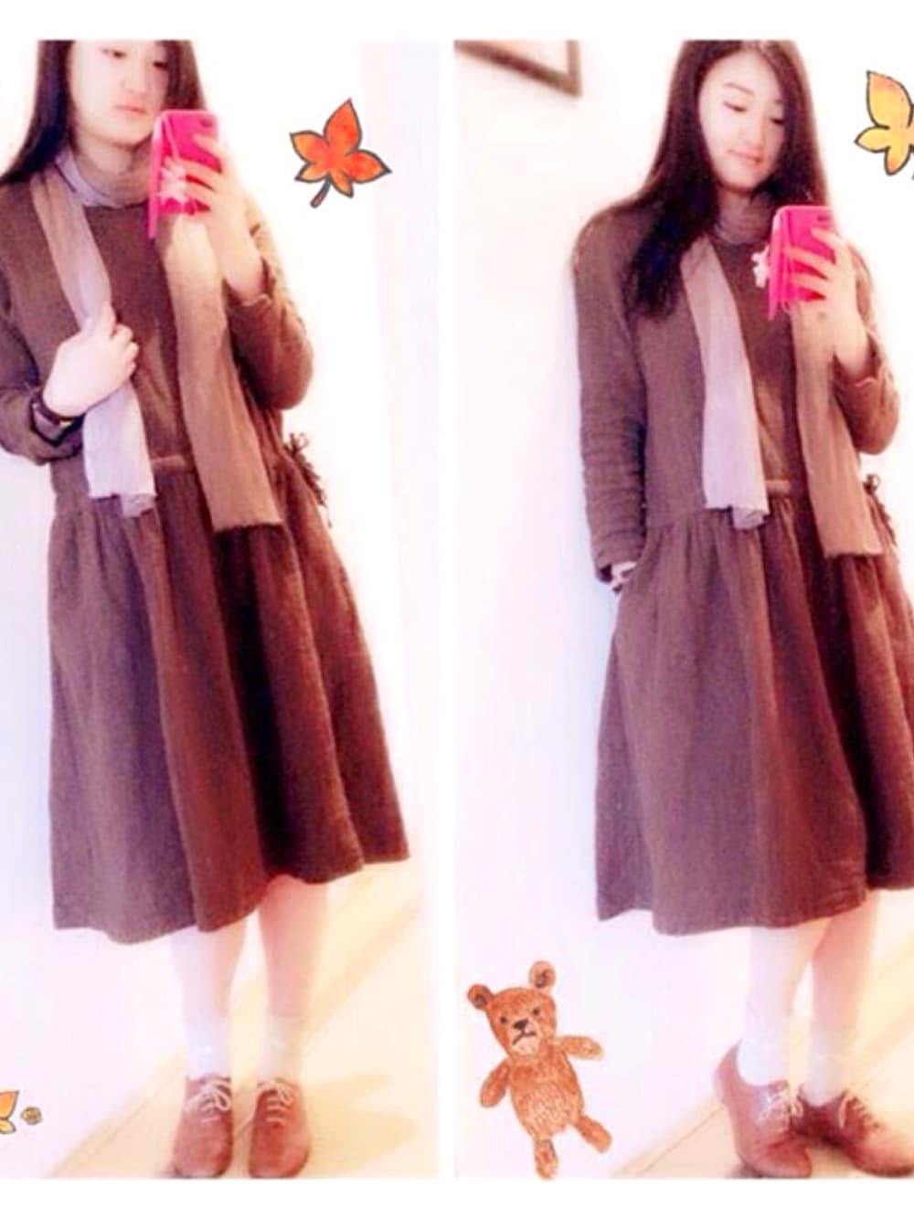 「MIDAS、BROWN、autumn、fall、ootd、outfit、autumn look、wiwt、onepiece、scarf」｜「森の屋のアイテム（ワンピース、ブラウン系）」を使った、Minaさん（レディース・163cm）の秋コーディネートの1枚目の写真
