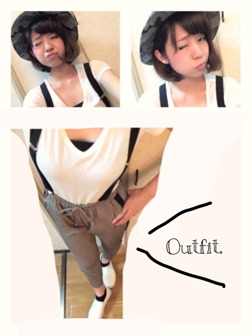 「カモフラ、サスペンダー、カモフラ柄、スリッポン、トラックパンツ、お仕事スタイル、サファリハット、お仕事コーデ、サスペンダーコーデ」｜「GUのプラットフォームスリッポン（その他シューズ、ホワイト系）」を使った、CHIKAI💋さん（レディース・163cm）の夏コーディネートの1枚目の写真