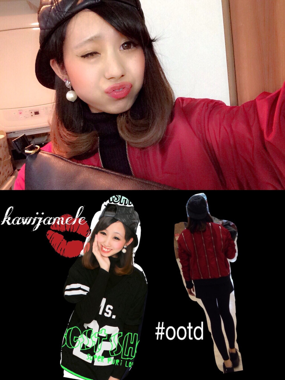 「kawijamele、kjstyle、MA-1、red、Ms.22、キャップ、ラバソール、ナンバリング、ナンバリングT、ナンバリングTシャツ」｜「KAWI JAMELEのTシャツ（Tシャツ/カットソー、ブラック系）」を使った、CHIKAI💋さん（レディース・163cm）の冬コーディネートの1枚目の写真