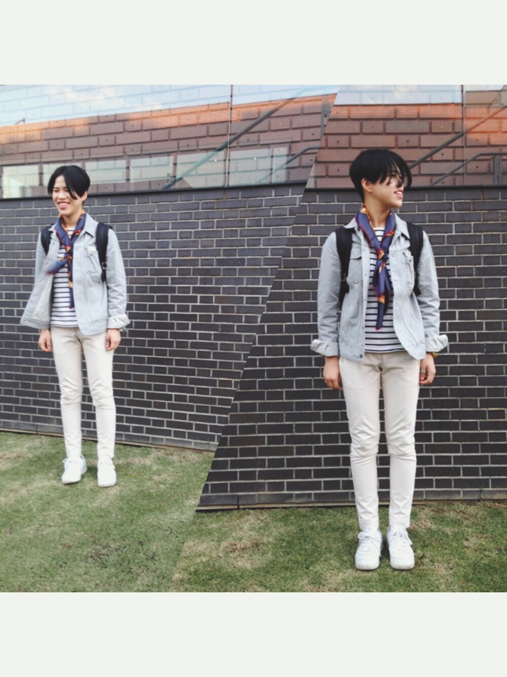 「柄×柄、ボーダー」｜「PORTERのアイテム（バックパック/リュック、ブラック系）」を使った、な すさん（レディース・172cm）の秋コーディネートの1枚目の写真