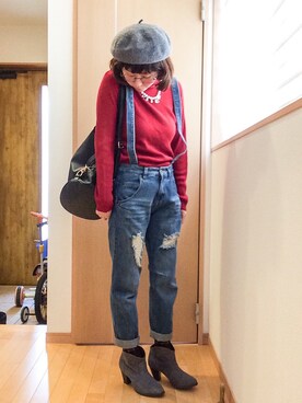 「ヒール×靴下」｜「アイテム（ハンチング/ベレー帽）」を使った、もっさんさん（レディース・156cm）の冬コーディネート
