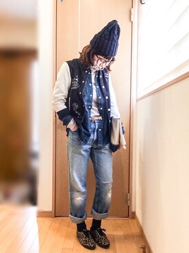 「フリース」｜「アイテム（スタジャン）」を使った、もっさんさん（レディース・156cm）の冬コーディネート