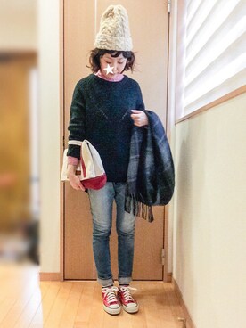 「passage mignon/flaneur（パサージュミニョンフラヌール）のアイテム（ニットキャップ/ビーニー）」を使った、もっさんさん（レディース・156cm）の冬コーディネート