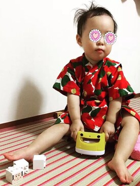 「Handmade（ハンドメイド）のアイテム（浴衣、レッド系）」を使った、ましこさん（キッズ）の冬コーディネート