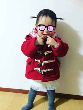 「petit main（プティマイン）のアイテム（ダッフルコート）」を使った、ましこさん（キッズ・70cm）の冬コーディネート