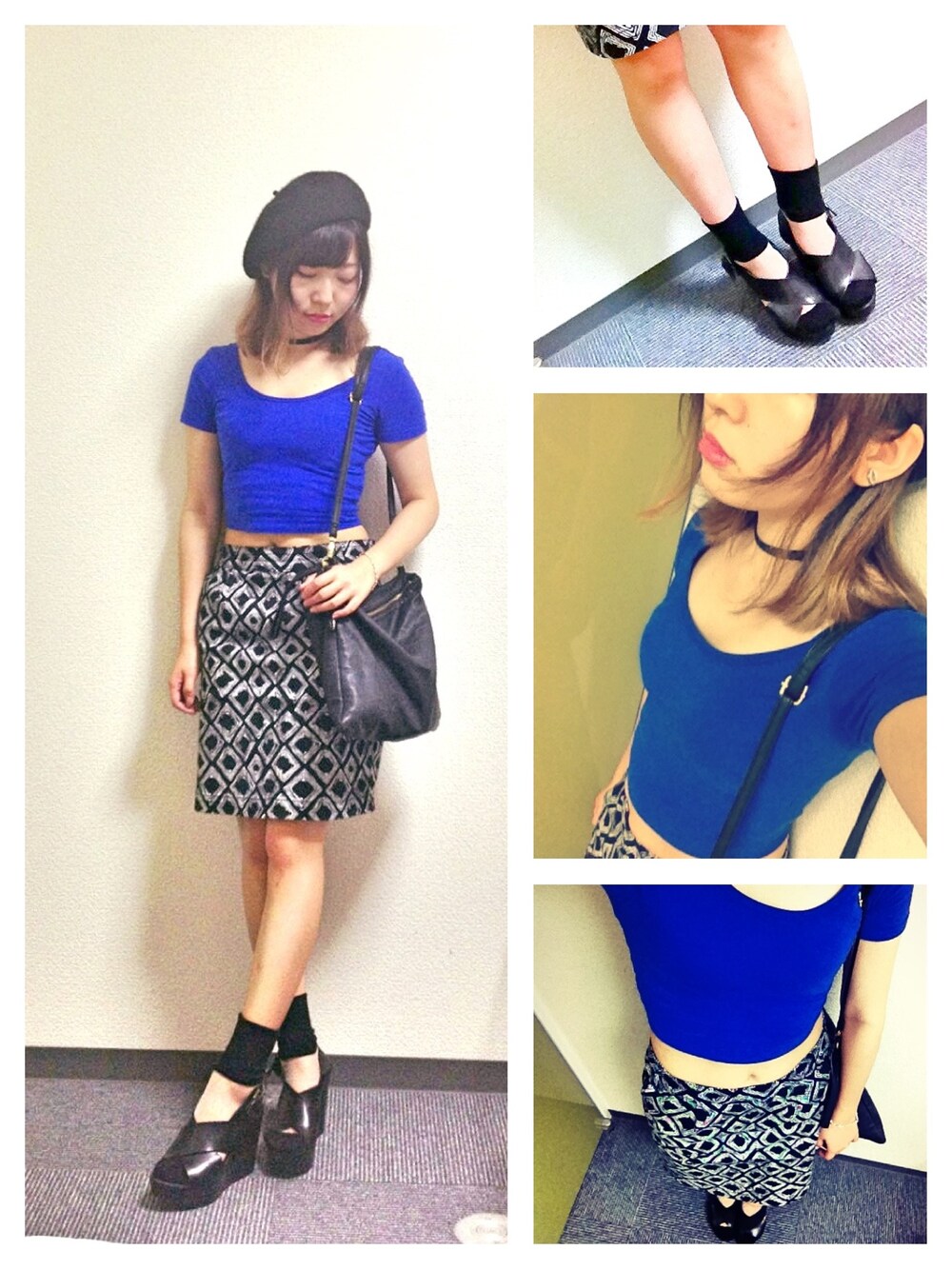 「ブラック、ブルー、ベレー帽、チョーカー、モード、きれいめカジュアル、シースルー」｜「LOWRYS FARMのthe skirt with an artistic design of squares（スカート、ブラック系）」を使った、ゆちゃさん（レディース・153cm）の夏コーディネートの1枚目の写真