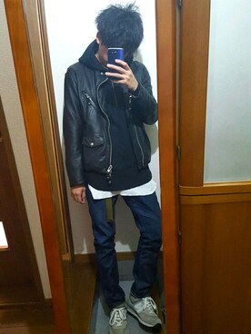「パーカー×ライダース」｜てんぱーまさん（メンズ・171cm）の秋コーディネート