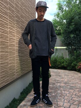 「モヘアカーディガン」｜「アイテム（キャップ）」を使った、Keisuke Osukaさん（メンズ・175cm）の秋コーディネート
