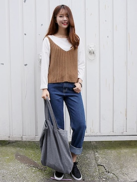 「エコバッグ」｜「アイテム（ニット/セーター）」を使った、GOGOSINGさん（レディース・163cm）の夏コーディネート