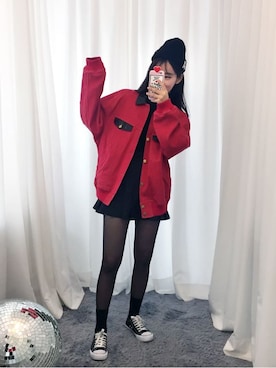 「アイテム（デニムジャケット、レッド系）」を使った、GOGOSINGさん（レディース・163cm）の秋コーディネート