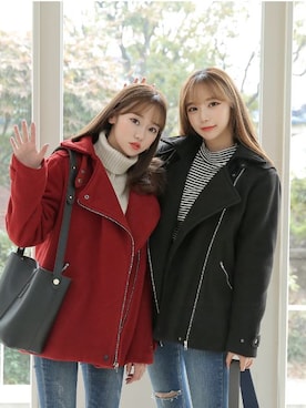 「双子コーデ」｜「アイテム（ライダースジャケット）」を使った、GOGOSINGさん（レディース・163cm）の秋コーディネート