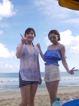 「AIR SPACE（エアースペース）のアイテム（タンクトップ、ブルー系）」を使った、Jia-Yuさん（レディース）の夏コーディネート