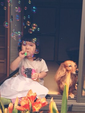 「象Tシャツ（Tシャツ/カットソー、グレー系）」を使った、eriiι∞さん（キッズ）の春コーディネート