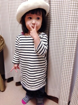 「しましまワンピース（ワンピース、ホワイト系）」を使った、eriiι∞さん（キッズ）の春コーディネート