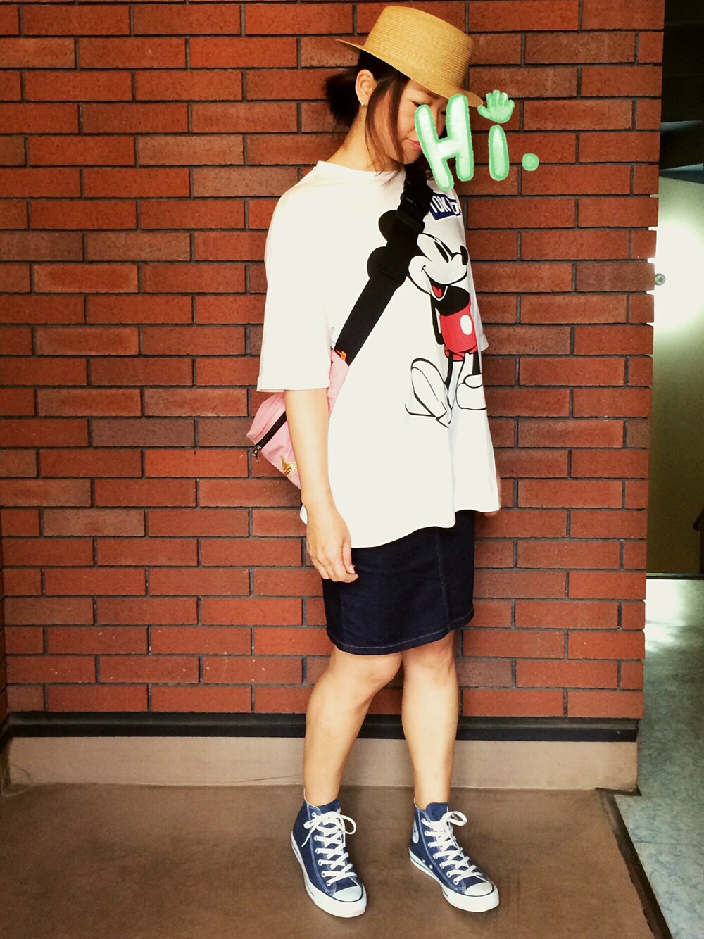 「プリントT、ウエストポーチ、ビッグTシャツ、イラストT」｜「SHIPS JET BLUEのVOTE MAKE NEW CLOTHES×SHIPS JET BLUE: エクスクルーシブ  ミッキーBIGTee■（Tシャツ/カットソー、ホワイト系）」を使った、shocoさん（レディース・169cm）の夏コーディネートの1枚目の写真