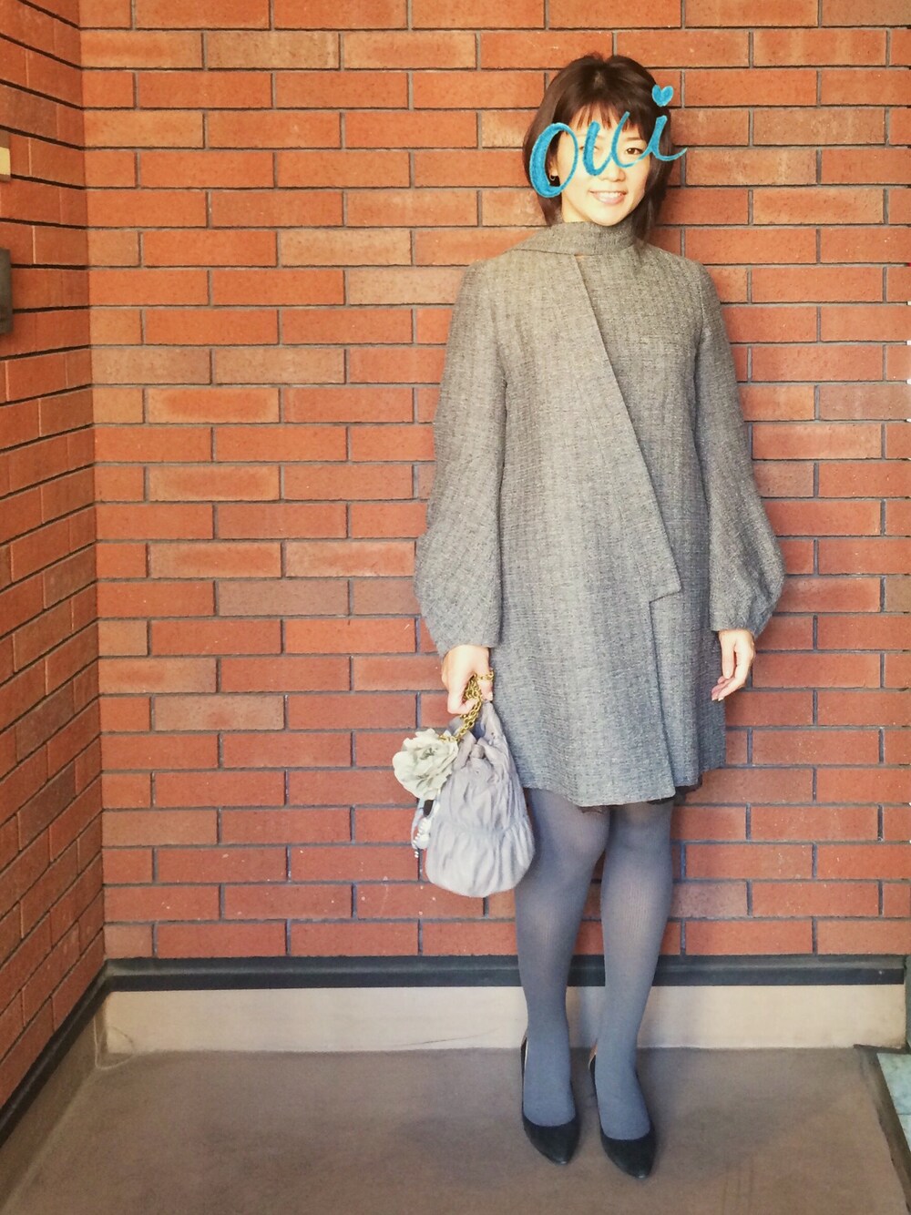 「カラータイツ、コート、バルーンスリーブ、デートスタイル（WOMEN）、変形、全身グレー」｜「MARNIのマルニのコート（その他アウター、グレー系）」を使った、shocoさん（レディース・169cm）の秋コーディネートの1枚目の写真