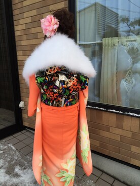 「ブランドないです。のアイテム（浴衣、オレンジ系）」を使った、ゆきじるしさん（レディース・154cm）の冬コーディネート
