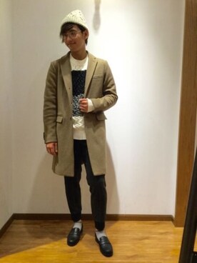 「GLOBAL WORK（グローバルワーク）のアイテム（チェスターコート、ベージュ系）」を使った、ひろさん（メンズ・181cm）の秋コーディネート