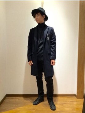 「GLOBAL WORK（グローバルワーク）のアイテム（チェスターコート、ブラック系）」を使った、ひろさん（メンズ・181cm）の秋コーディネート