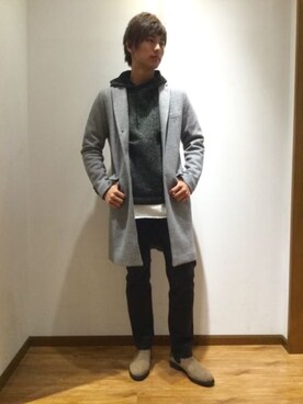 「GLOBAL WORK（グローバルワーク）のアイテム（チェスターコート、グレー系）」を使った、ひろさん（メンズ・181cm）の秋コーディネート