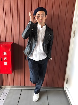 「roshell（ロシェル）のアイテム（ライダースジャケット）」を使った、こぅきさん（メンズ・172cm）の冬コーディネート