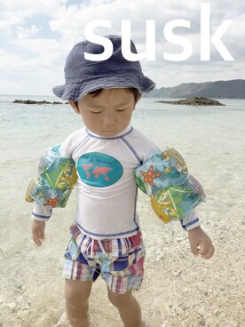 「アイテム（ハット、ブルー系）」を使った、sandkさん（キッズ・80cm）の冬コーディネート