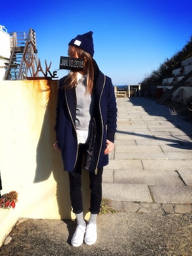 「ボーダーソックス」｜「アイテム（その他アウター）」を使った、Rika*さん（レディース・158cm）の冬コーディネート