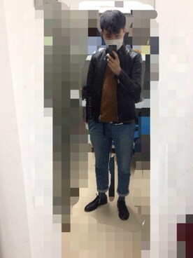「HARE（ハレ）のアイテム（ライダースジャケット、ブラック系）」を使った、GadGet-张さん（メンズ）の春コーディネート