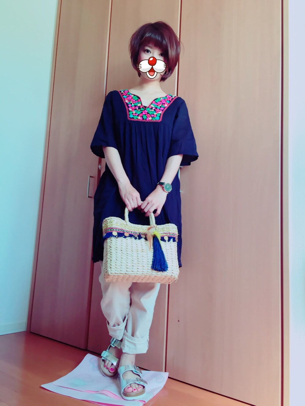 「チチカカ、エスニック、かごバッグ、刺繍、cepo.、H&M、しまむら、ビルケン風サンダル」｜「チチカカのアイテム（チュニック、ブラック系）」を使った、rapapaさん（レディース・157cm）の夏コーディネートの1枚目の写真