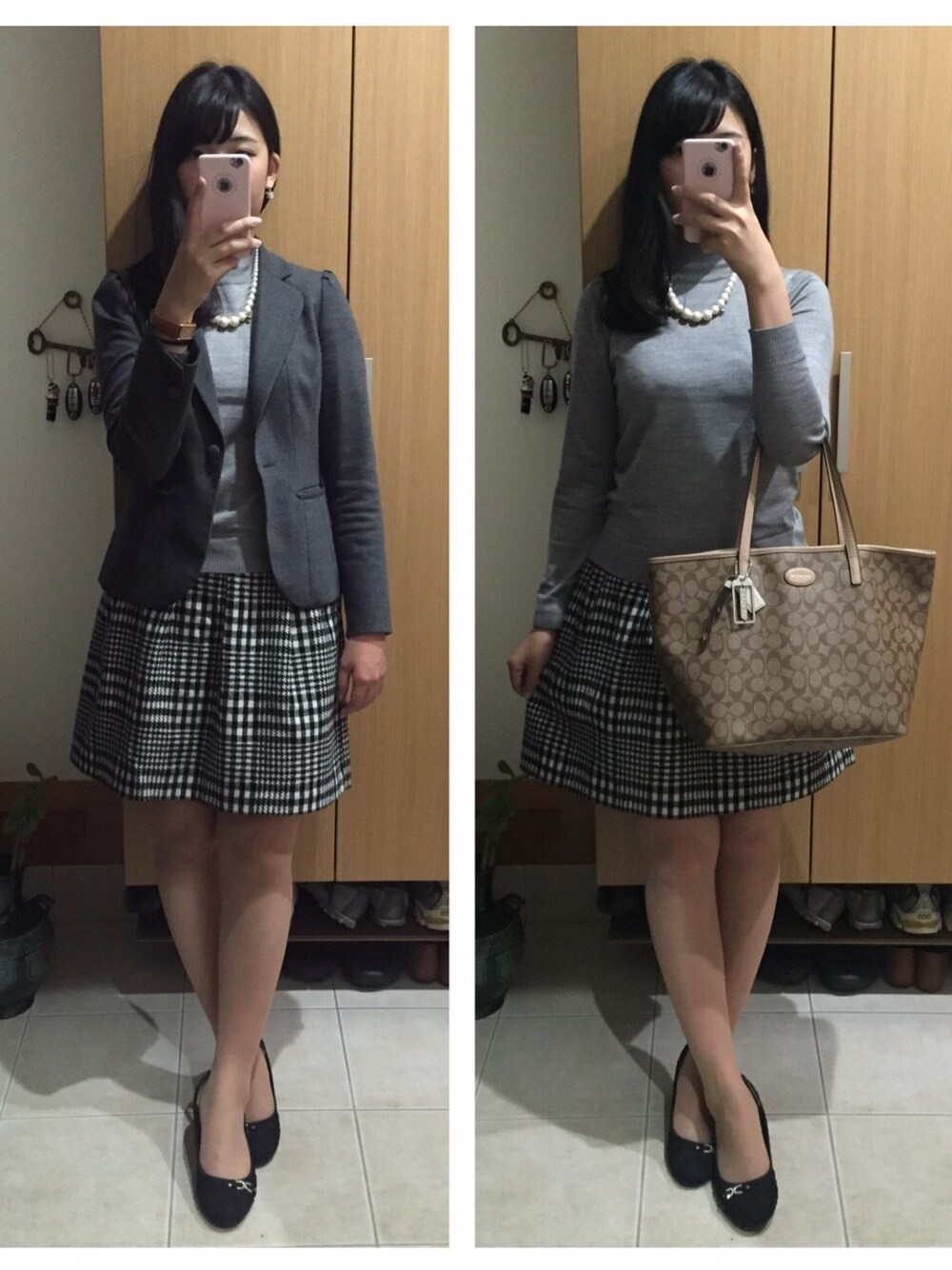 ベージュ系のトートバッグ、グレー系のニット/セーターを着用したレディースの秋コーディネートの1枚目の写真