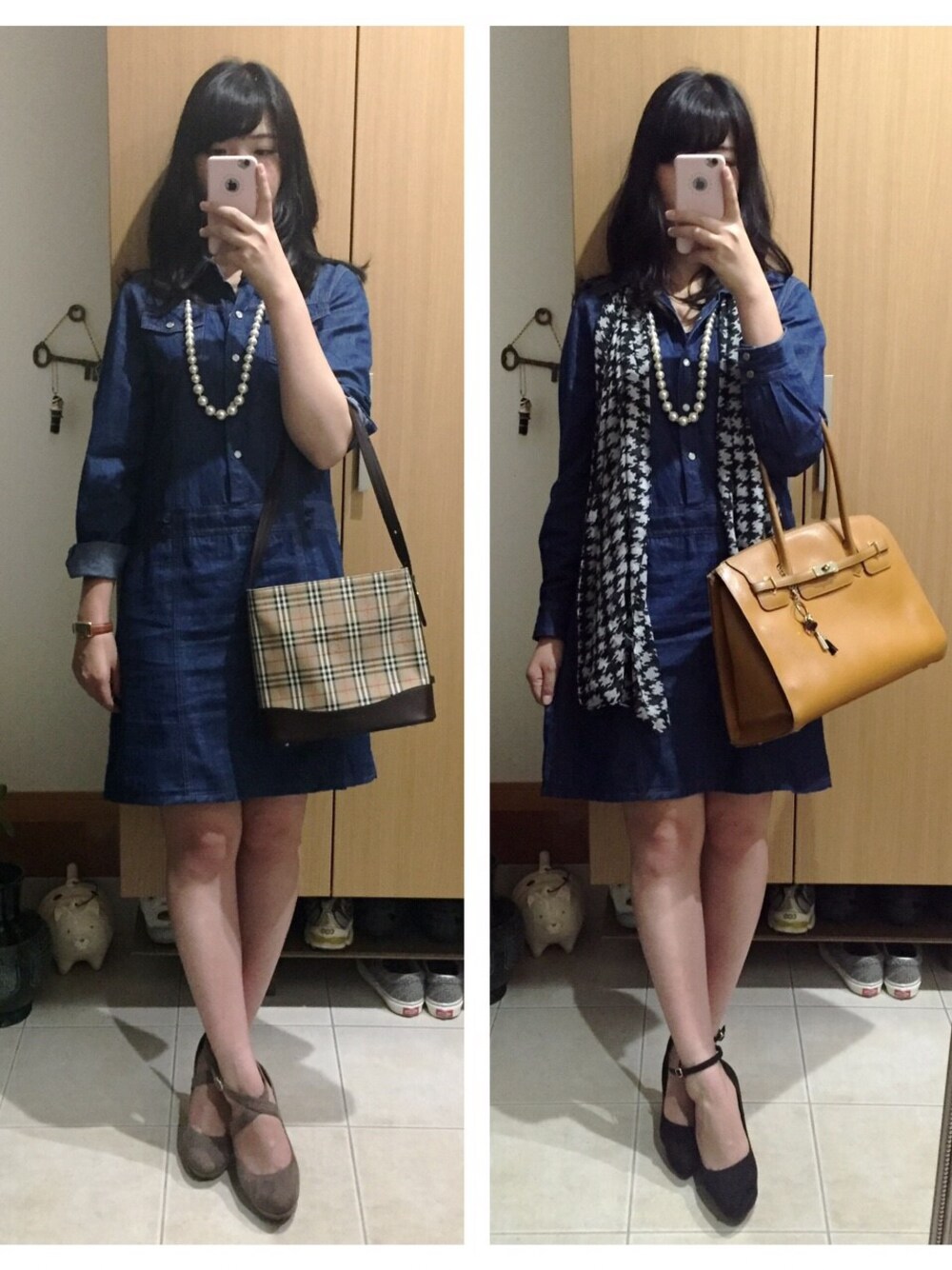 「パールネックレス、デニムワンピース」｜「LOWRYS FARMの☆春物新作ネックレス☆パールシフォンネックレス 539059（ネックレス、ホワイト系）」を使った、chiさん（レディース・166cm）の秋コーディネートの1枚目の写真