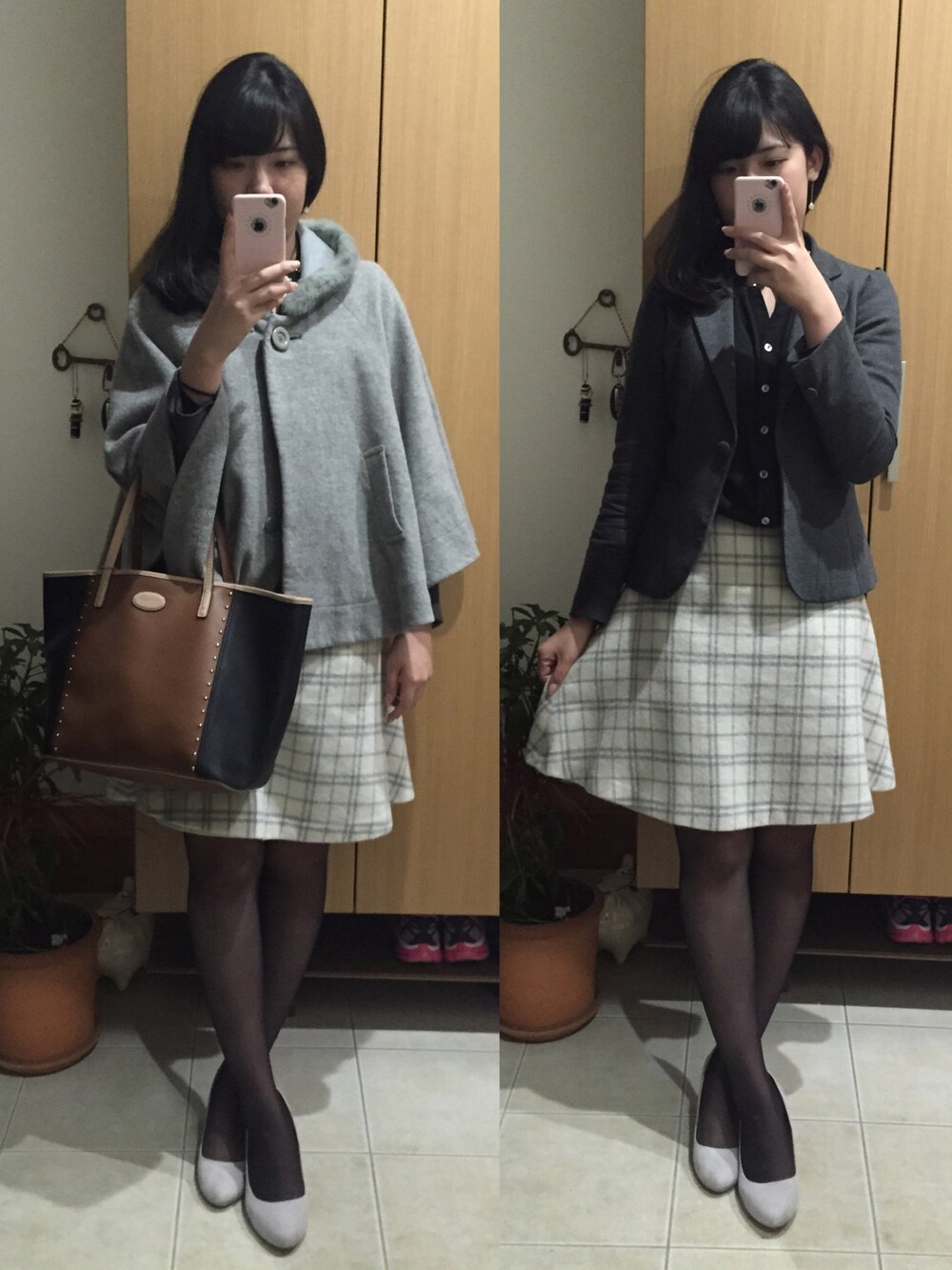 グレー系のパンプス、ブラウン系のハンドバッグ、ブラック系のシャツ/ブラウスを着用したレディースの冬コーディネートの1枚目の写真