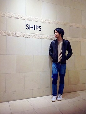 「SHIPS JET BLUE（シップスジェットブルー）のアイテム（ライダースジャケット）」を使った、黒須さん（メンズ・168cm）の冬コーディネート