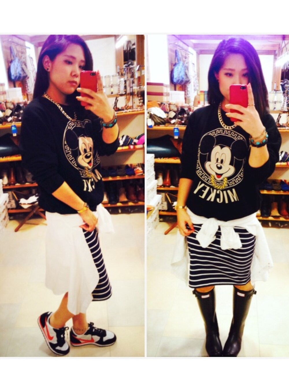 「JOYRICH、mickey、NIKE、膝丈スカート」｜「NIKEのアイテム（スニーカー、ホワイト系）」を使った、misatoさん（レディース・161cm）の夏コーディネートの1枚目の写真