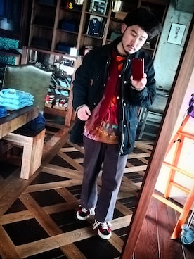 「アイテム（ベスト、レッド系）」を使った、馬場 諒太郎さん（メンズ・165cm）の冬コーディネート